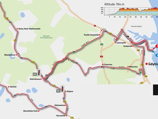 Mapa przejazdu Trasy Rowerowej na terenie powiatu wejherowskiego.